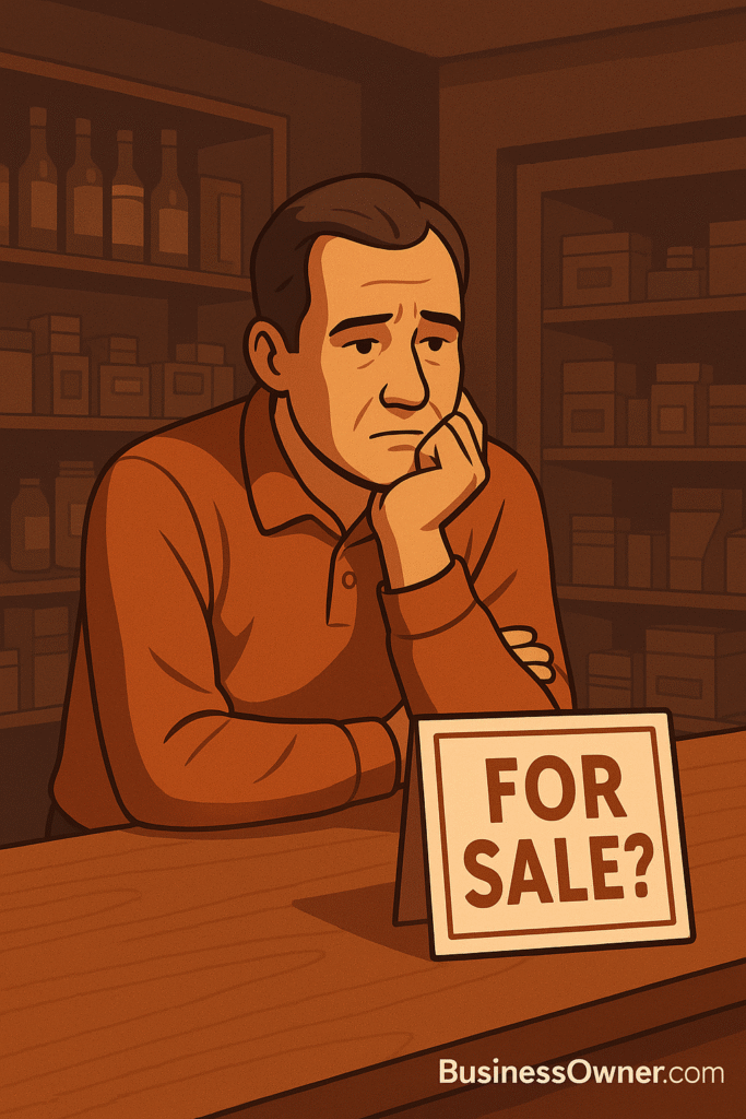 Illustration of a middle-aged small business owner sitting alone in his shop after hours, leaning on the counter with a hand on his chin, looking thoughtfully at a sign that reads ‘For Sale?’ Warm earthy tones, shelves stocked in the background, BusinessOwner.com logo in the corner.