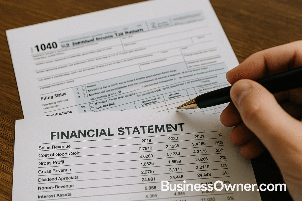  Close-up of tax return and financial statement on a desk with a hand holding a pen, branded with the BusinessOwner.com watermark.