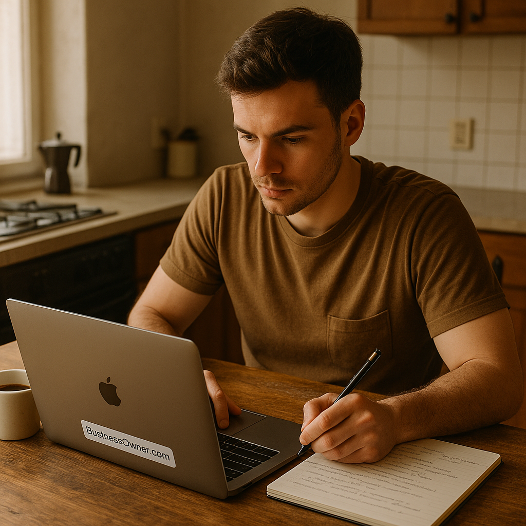 Young entrepreneur working at a small kitchen table with a laptop and notepad, planning a service-based business with subtle BusinessOwner.com branding
