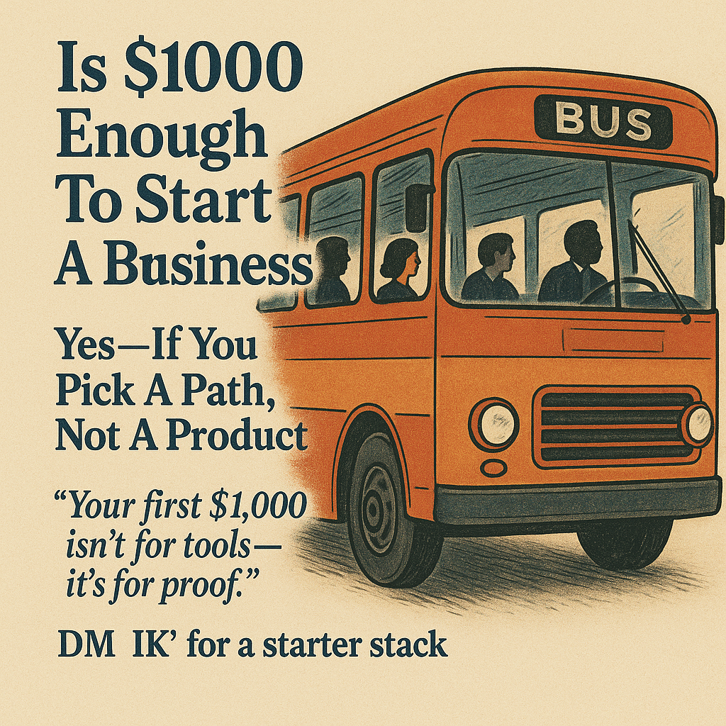 Vintage illustrated red bus next to bold text asking if $1000 is enough to start a business, emphasizing choosing a path instead of a product