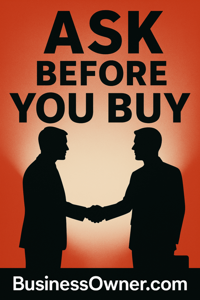 Poster with silhouetted business figures shaking hands and the words “Ask Before You Buy,” featuring BusinessOwner.com branding.