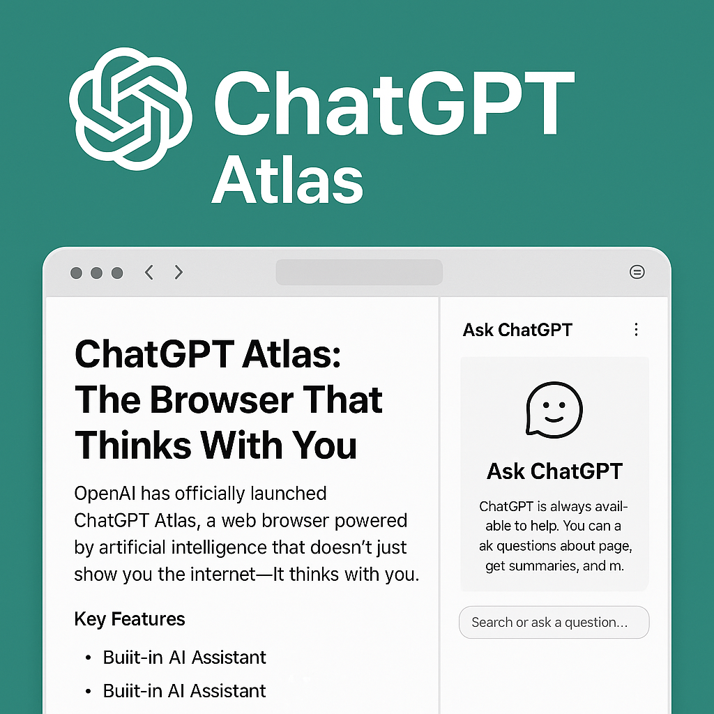 Promotional graphic introducing ChatGPT Atlas, OpenAI’s new AI-powered web browser. The design features the ChatGPT logo, the headline ‘ChatGPT Atlas: The Browser That Thinks With You,’ and a mock browser window showing an ‘Ask ChatGPT’ sidebar for real-time assistance, all on a clean teal background.