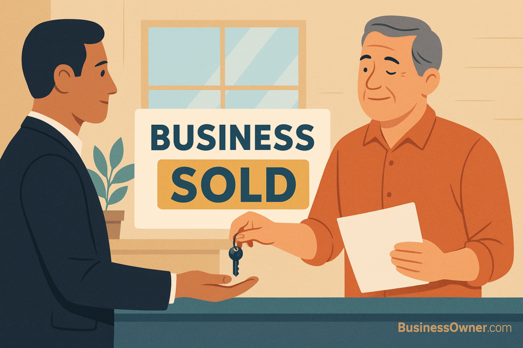 Vector illustration of a smiling older business owner handing over keys and documents to a younger buyer in a suit. A large ‘Business Sold’ sign is displayed in the background, with the BusinessOwner.com logo in the corner.”