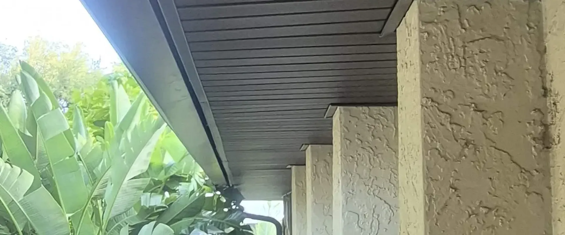 Dark gray painted soffit and fascia with a beige stucco column and lush plants below