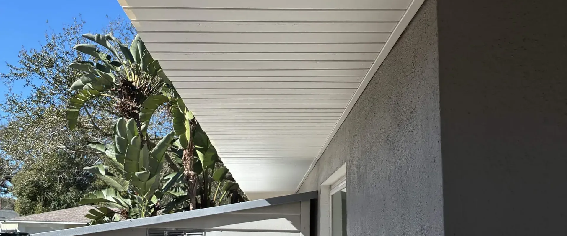 Clean white vented soffit on a single-story Tampa home with palm and banana plants under a clear blue Florida sky